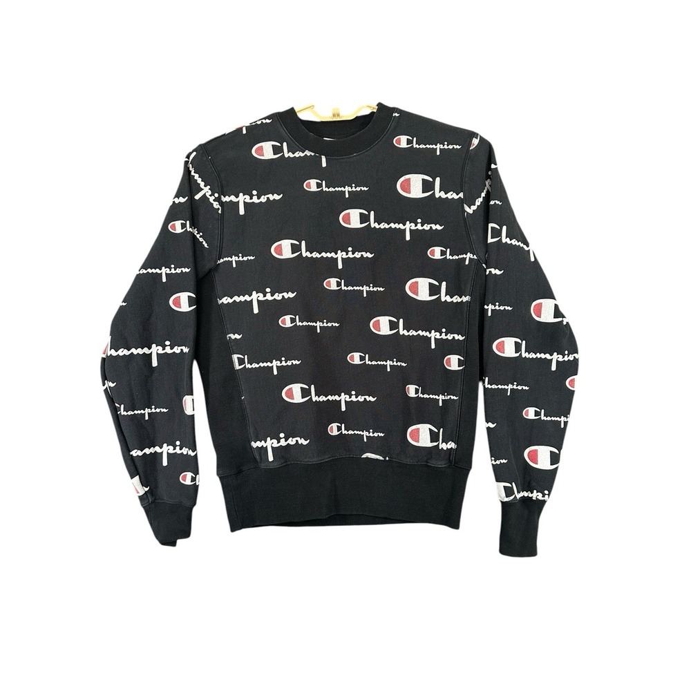 Vintage Champion Size Medium Reverse Weave Sweatshirt Black All over Print - Picture 1 of 6